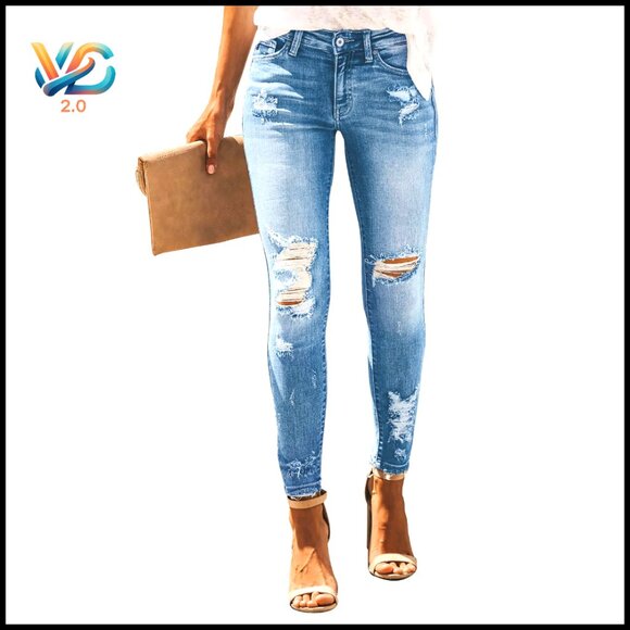 Skinny Ripped Distressed Stretch Denim Jeans Trendy Casual Wear